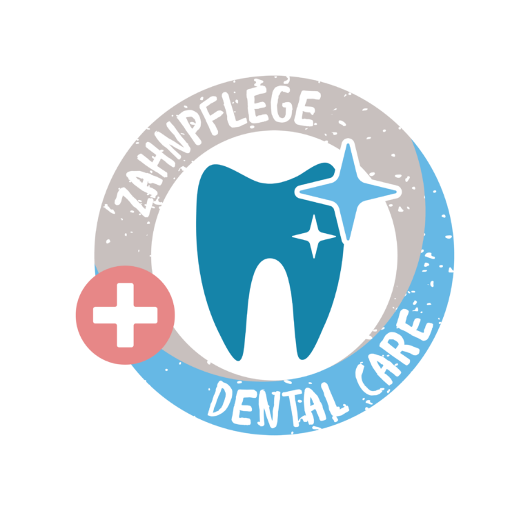 Sauberer, gesunder Zahn mit dem Text „Zahnpflege“ und „Dental Care“.
